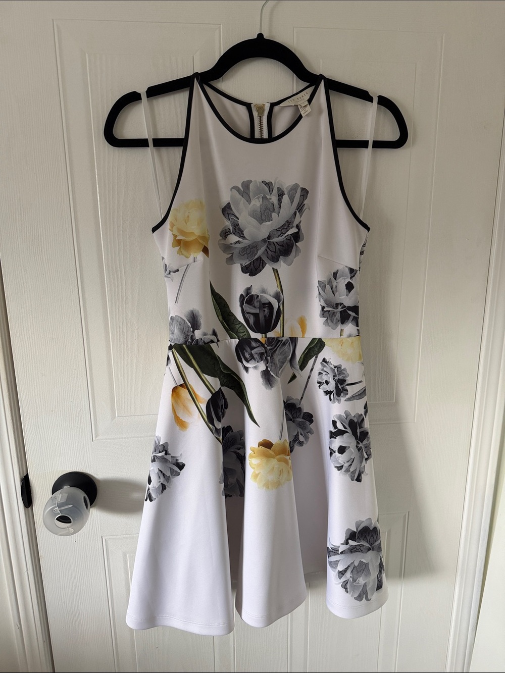 Ted Baker Symone Floral Fit & Flare Dress in White with Yellow and Gray Blooms